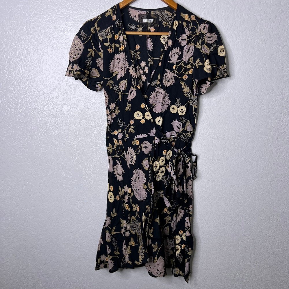 Reformation Penny Floral Wrap Mini Dress Black Small Short Sleeve V-Neck
